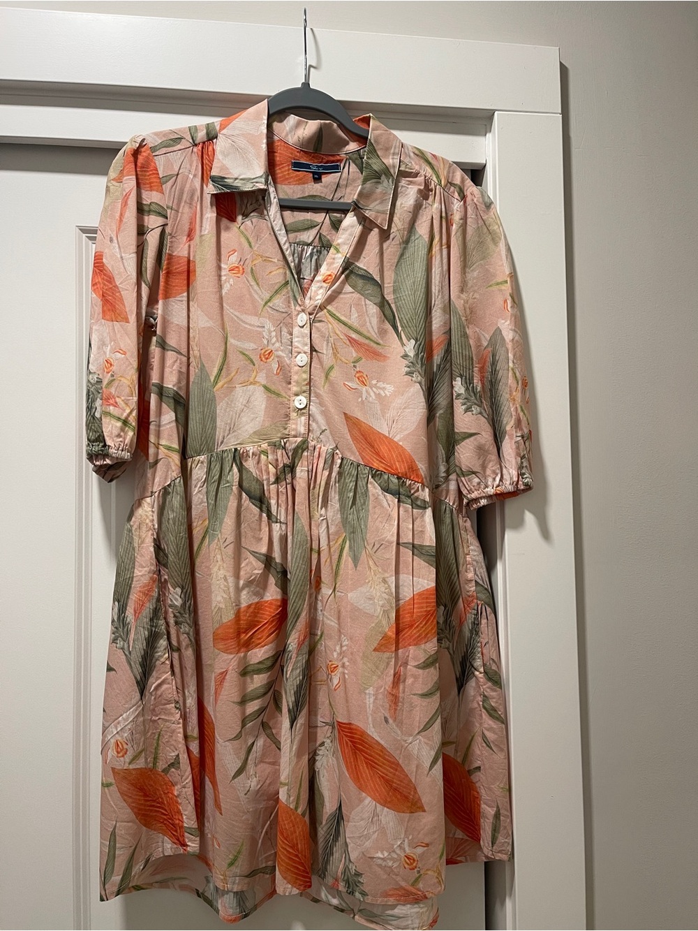 Pink Floral Button-Front Mini Dress with Orange Leaf Print